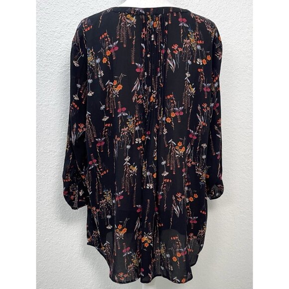 GIBSON LATIMER Womens 2X Black Floral Peasant Blouse TUNIC Roll-Tab Boho EUC - Picture 2 of 7